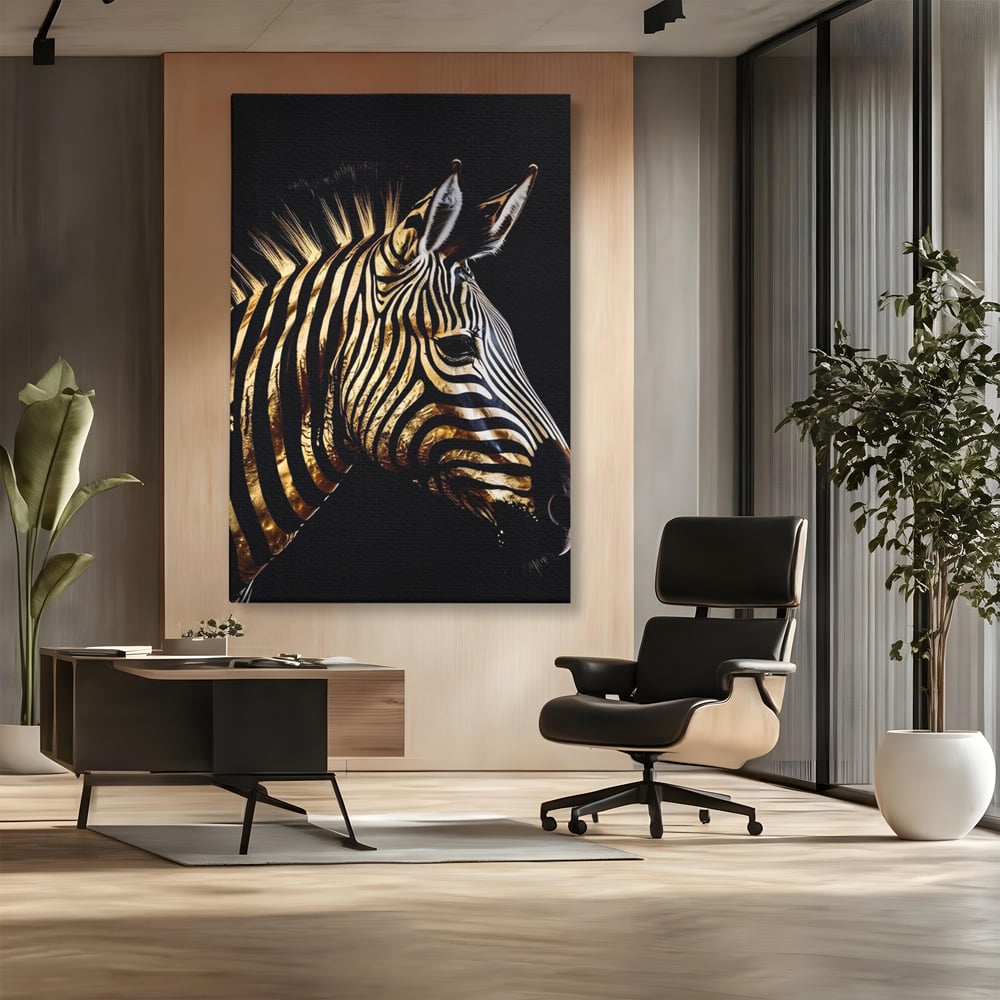 Tablou canvas cu tablou canvas cu cap de zebra aurie, fara rama, pe sasiu de lemn, pe perete intr-un birou